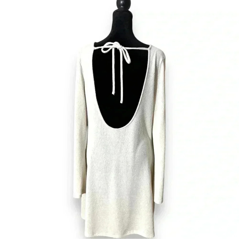 Divided H&M Long Bell Sleeve Cream Lightweight Cutout Tie Back Mini Shift Dress - Picture 4 of 16